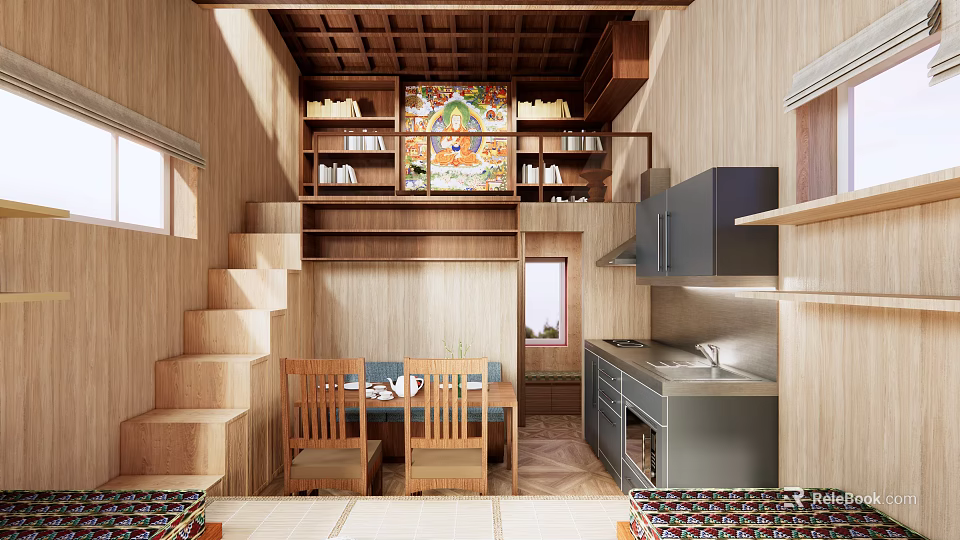 Wooden Ceiling Apartment Interior With Staircase Bookshelves Dining Table And Kitchen 3d model 
