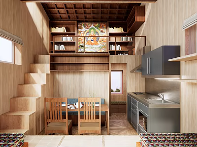 Wooden Ceiling Apartment Interior With Staircase Bookshelves Dining Table And Kitchen 3d model