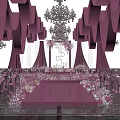 Elegant Banquet Hall with Purple Curtains Chandeliers Pink Runway and Floral Decorations