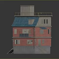 Red Brick Multi Story Building With Blue Roof Wooden Rooftop And Staircase