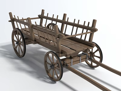 Traditional Wooden Wagon With Open Slatted Frame And Spoked Wooden Wheels 3d model