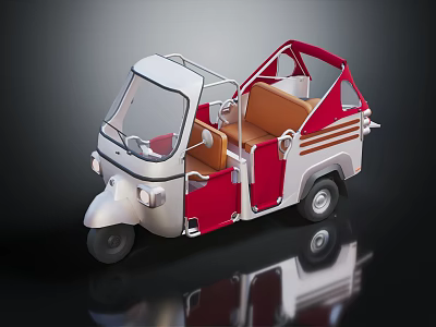 Vintage Tricycle Silver Red Open Cabin Brown Seats Black Wheels Retro Design 3d model
