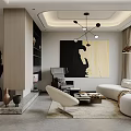 Modern Living Dining Room Interior Design With White Curved Sofa Grey Armchair And Wooden Bookshelf