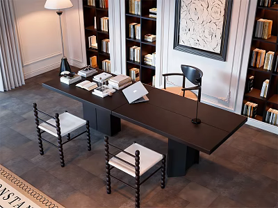 Dark Wooden Desk And Chairs Set In Elegant Study With Bookshelves Lamp And Artwork 3d model