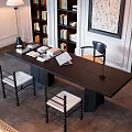 Dark Wooden Desk And Chairs Set In Elegant Study With Bookshelves Lamp And Artwork