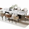 Elegant Dining Table Set With Marble Tabletop Beige Brown Chairs And Potted Plant 3d model