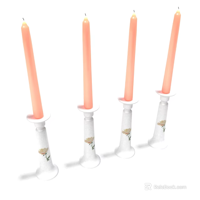 Four White Candle Holders With Orange Candles And Floral Patterned Bases 3d model 