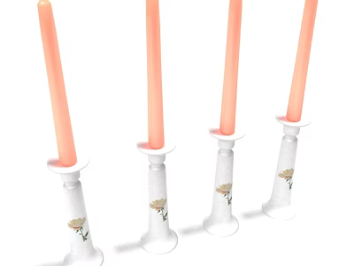 Four White Candle Holders With Orange Candles And Floral Patterned Bases 3d model