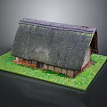 Traditional Residential House With Thatched Roof And Wooden Walls On Grass Base