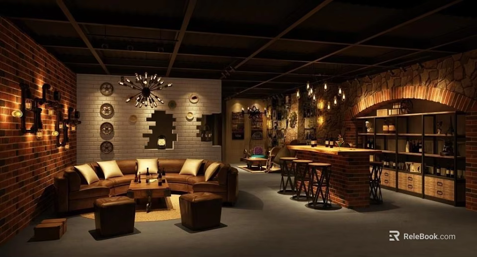 Elegant Bar Interior With Leather Sofa Bar Counter Chandelier And Wall Decorations 3d model 