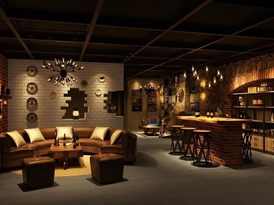 Elegant Bar Interior With Leather Sofa Bar Counter Chandelier And Wall Decorations 3d model