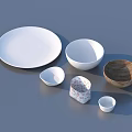 White Ceramic And Wooden Dinnerware Set Featuring Plate Bowls And Patterned Cup 3d model