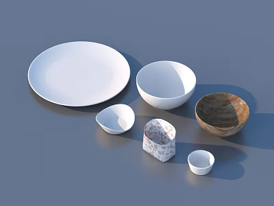 White Ceramic And Wooden Dinnerware Set Featuring Plate Bowls And Patterned Cup 3d model