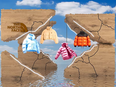 The North Face Window Display Featuring Hanging Colorful Down Jackets Rock Water And Blue Sky 3d model