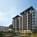 Modern High Rise Residential Building With Lush Greenery Lawn And Outdoor Space