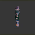 Game and Movie Character With Purple Hair Green Outfit Armor Orange and Blue Accents
