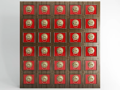 Traditional Wooden Display Cabinet With Red Compartments And Golden Lion Head Door Knockers 3d model