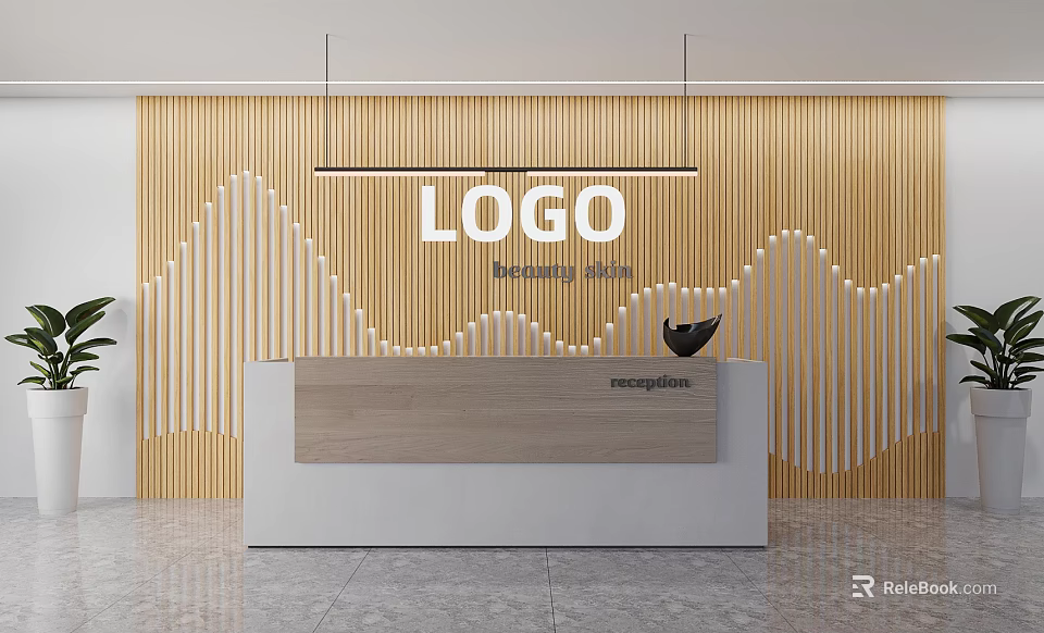 Modern Office Front Desk Backdrop With Wooden Wavy Design And Logo 3d model 