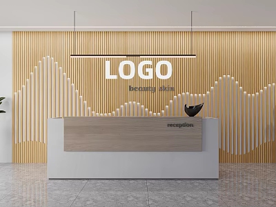 Modern Office Front Desk Backdrop With Wooden Wavy Design And Logo 3d model