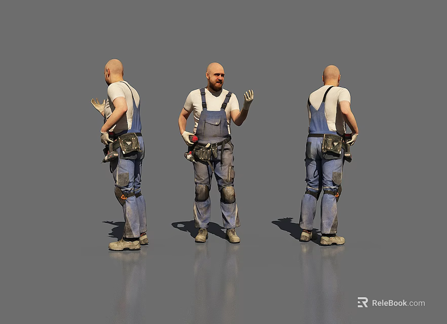 Worker in Work Overalls With Tool Belt Showing Three Different Standing Views 3d model 