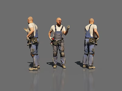Worker in Work Overalls With Tool Belt Showing Three Different Standing Views 3d model Worker in Work Overalls With Tool Belt Showing Three Different Standing Views 3d model
