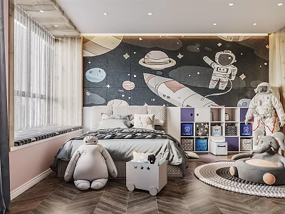 Space Themed Kids Room Interior With Planets Rocket Astronaut Bookshelf And Stuffed Toys 3d model