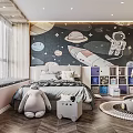 Space Themed Kids Room Interior With Planets Rocket Astronaut Bookshelf And Stuffed Toys
