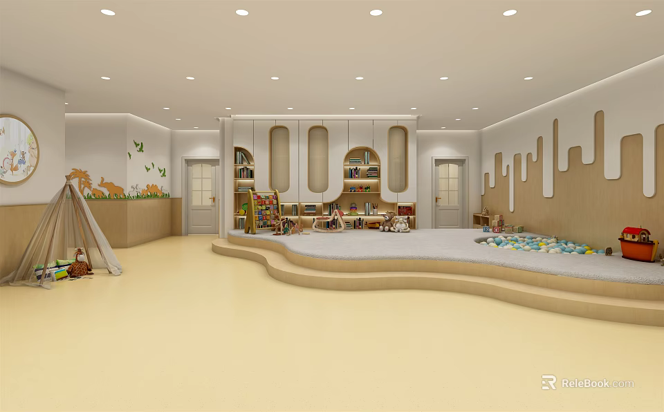 Bright Kindergarten Indoor Play Area With Soft Floors Colorful Toys And Play Structures 3d model 