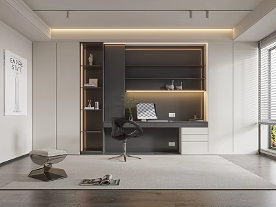 Modern Study Room Interior With Desk Chair Bookshelves And Natural Light 3d model