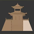 Cartoon Scenery Of Chinese Style Tower With Multi Tiered Roof Staircase And Reflection