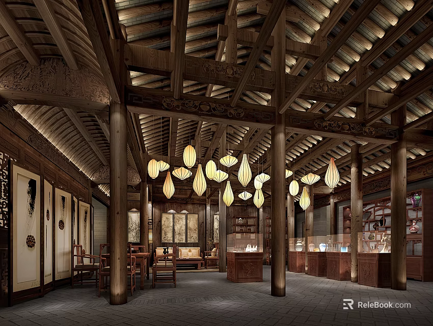 Traditional Chinese Exhibition Hall With Wooden Beams Carved Roof Hanging Lanterns And Display Cabinets 3d model 