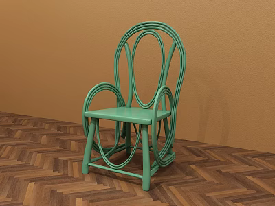 Green Curved Design Dining Chair Against Brown Wall With Herringbone Wood Floor 3d model