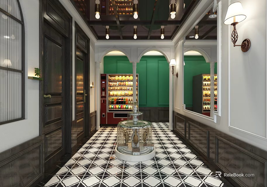 Hallway Interior Design With Black And White Checkered Floor Green Walls Arched Doorways Glass Case 3d model 