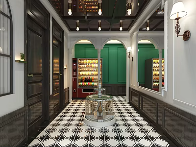 Hallway Interior Design With Black And White Checkered Floor Green Walls Arched Doorways Glass Case 3d model