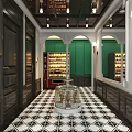Hallway Interior Design With Black And White Checkered Floor Green Walls Arched Doorways Glass Case