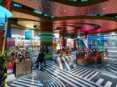 Modern Retail Store Interior With Colorful Ceiling Display Shelves And Merchandise 3d model
