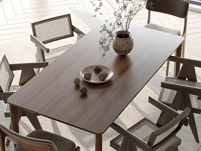 Modern Wooden Dining Table With Woven Chairs Decorative Vase And Pine Cones 3d model