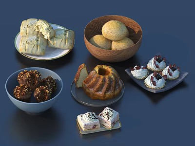 Assorted Delicious Foods Including Steamed Buns Bread Bundt Cake And Cream Pastries 3d model