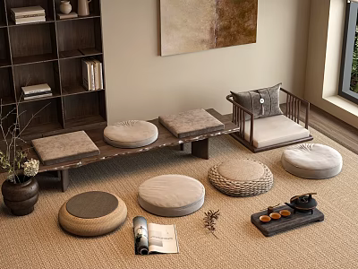 Traditional Wooden Sofa Bench With Soft Cushions And Round Floor Cushions On Carpet 3d model