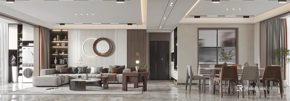 Modern Open Dining Room Interior Design With Marble Floor Dining Table Chairs And Round Mirror 3d model