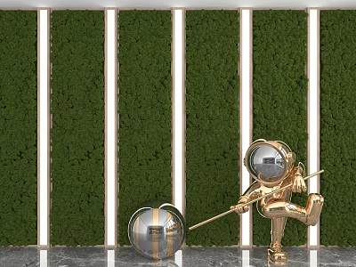Green Background Wall with White Vertical Strips and Golden Astronaut Sculpture with Sphere 3d model
