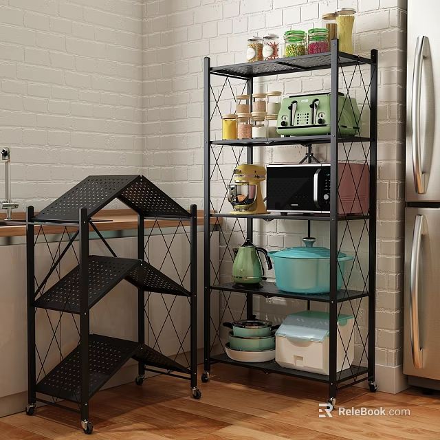 Black Metal Kitchen Shelves With Kitchenware Storage Toaster Microwave And Containers 3d model