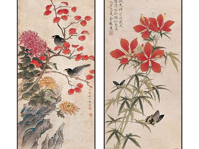 Chinese Plant Painting Elegant Artistic Conception Red Leaf Flower and Bird Pattern Hanging Painting Combination model