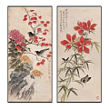 Chinese Plant Painting Elegant Artistic Conception Red Leaf Flower and Bird Pattern Hanging Painting Combination 3d model