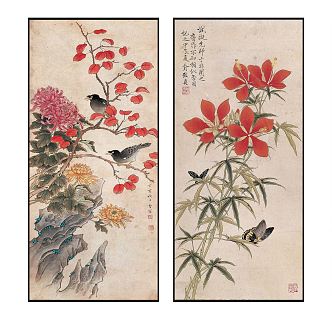 Chinese Plant Painting Elegant Artistic Conception Red Leaf Flower and Bird Pattern Hanging Painting Combination 3d model