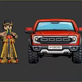 Red Pickup Truck With Cartoon Character Standing Beside Tripod And Tools