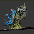 Vibrant Dinosaur Scene With Blue Dinosaur Yellow Fin Open Mouth Green Plants Gravel Ground