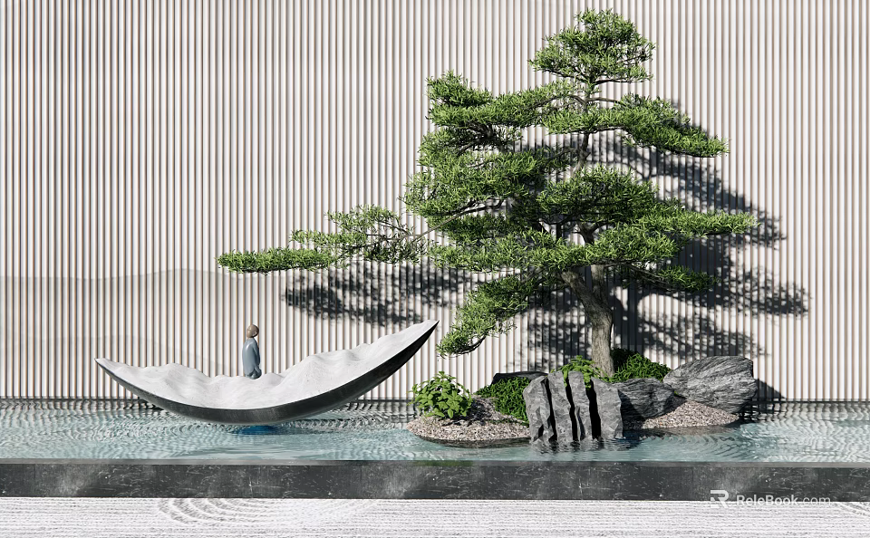 Miniature Garden Ornament With Pine Tree Water Feature Stones And White Boat Shaped Structure 3d model 