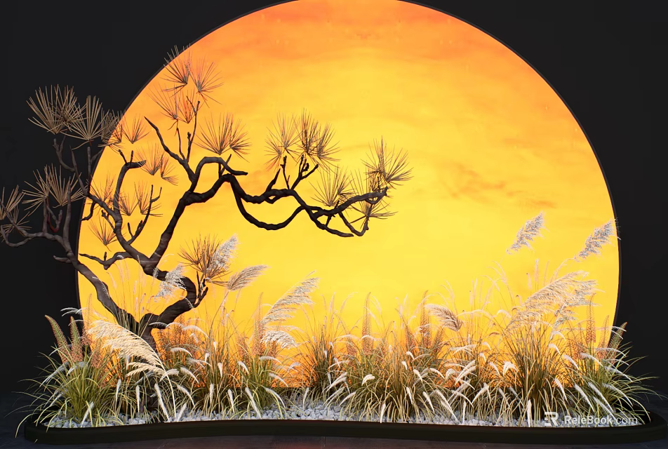 Natural Indoor Landscape With Large Orange Circular Background Curved Tree And Reeds Grass 3d model 