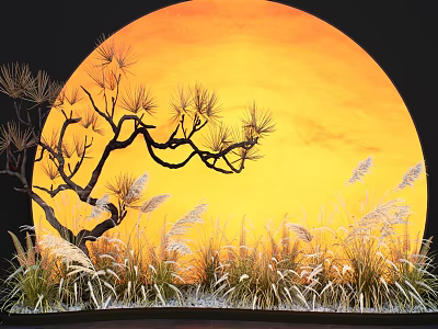 Natural Indoor Landscape With Large Orange Circular Background Curved Tree And Reeds Grass 3d model